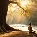 **Serene forest scene at sunset. Golden light filters through ancient trees. A solitary figure meditates peacefully by a flowing river. Soft, ethereal lighting, detailed textures, warm color palette.**