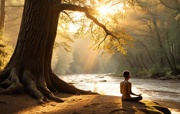 **Serene forest scene at sunset. Golden light filters through ancient trees. A solitary figure meditates peacefully by a flowing river. Soft, ethereal lighting, detailed textures, warm color palette.**