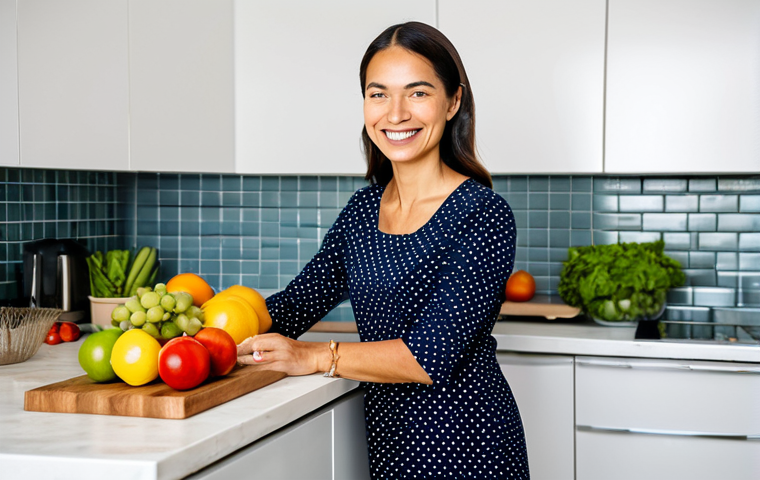 A radiant individual, dressed in modest, comfortable, and professional-casual attire, stands in a brightly lit, clean kitchen. Their posture exudes vitality and positive energy, with a gentle smile reflecting inner calm and balance. Fresh, colorful fruits and vegetables are artfully arranged on a clean countertop, indicating a healthy, plant-based lifestyle. The lighting is natural and soft, enhancing a sense of well-being. This image should embody health, energy, and a vibrant lifestyle.
fully clothed, modest clothing, appropriate attire, professional dress, perfect anatomy, correct proportions, natural pose, well-formed hands, proper finger count, natural body proportions, safe for work, appropriate content, family-friendly, professional photography, high quality, realistic.