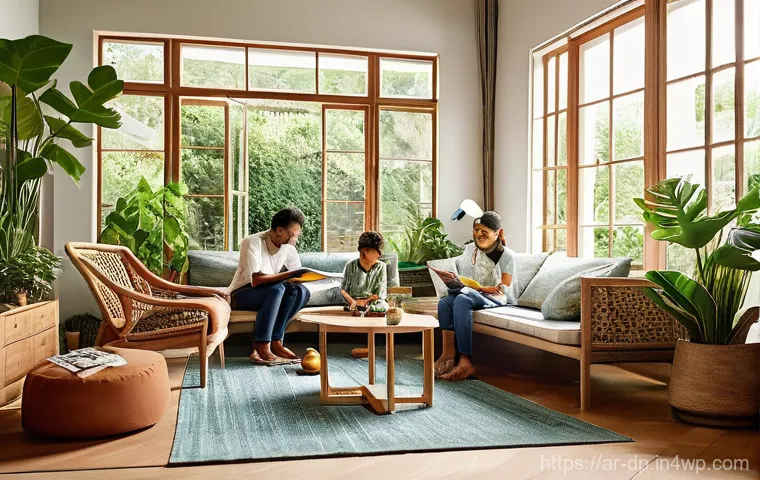 생태 지혜와 평화의 관계 - **Prompt 1: Serene Eco-Home Life**
    "A cozy and sun-drenched living room with large windows overl...
