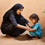 생태 지혜와 공동체 회복력 - **Prompt:** An elderly Arab grandmother, wearing a traditional, modestly draped dress, gently teache...