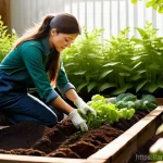 생태 지혜를 활용한 정원 가꾸기 - "A serene and sun-drenched home garden. A person, dressed in practical, modest gardening clothes, is...