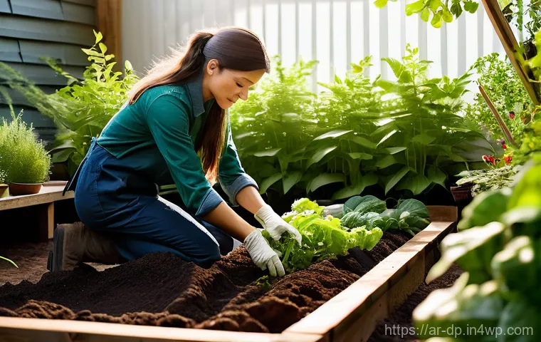 생태 지혜를 활용한 정원 가꾸기 - "A serene and sun-drenched home garden. A person, dressed in practical, modest gardening clothes, is...