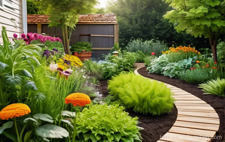 생태 지혜를 활용한 정원 가꾸기 - "A serene and sun-drenched home garden. A person, dressed in practical, modest gardening clothes, is...