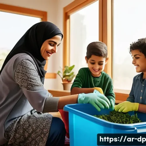 생태 지혜를 위한 가정교육 방법 - A warm, inviting Arab family scene inside a modern Middle Eastern home where young children, wearing...