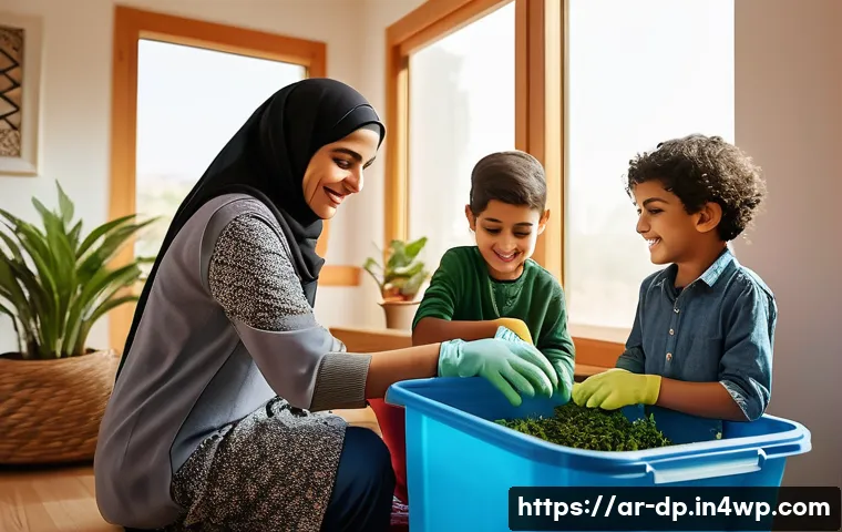 생태 지혜를 위한 가정교육 방법 - A warm, inviting Arab family scene inside a modern Middle Eastern home where young children, wearing...