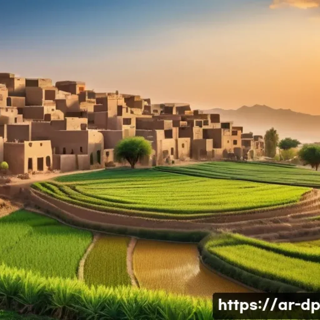 지역 문화와 생태 지혜의 조화 - A serene rural Arab village scene showcasing sustainable mixed farming: diverse crops including whea...