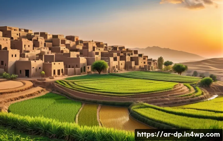 지역 문화와 생태 지혜의 조화 - A serene rural Arab village scene showcasing sustainable mixed farming: diverse crops including whea...