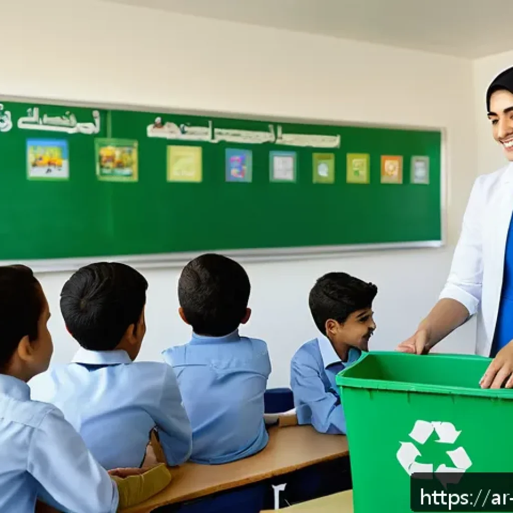 생태 지혜 생활을 위한 정책 제안 - A vibrant classroom scene in a modern Arab school where diverse students, wearing modest school unif...