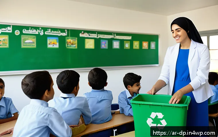 생태 지혜 생활을 위한 정책 제안 - A vibrant classroom scene in a modern Arab school where diverse students, wearing modest school unif...