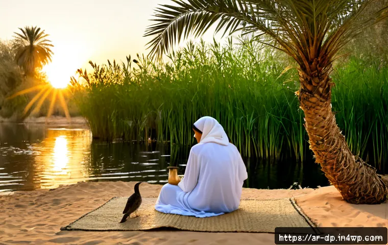 생태 지혜를 통한 스트레스 관리 - Photorealistic serene scene of an Arab woman in modest neutral clothing sitting quietly beside a dat...