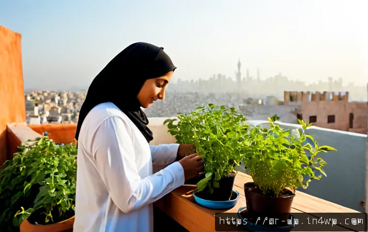 생태 지혜와 정신적 웰빙의 관계 - Photorealistic early morning scene of an Arab woman in modest long-sleeved clothing and headscarf te...