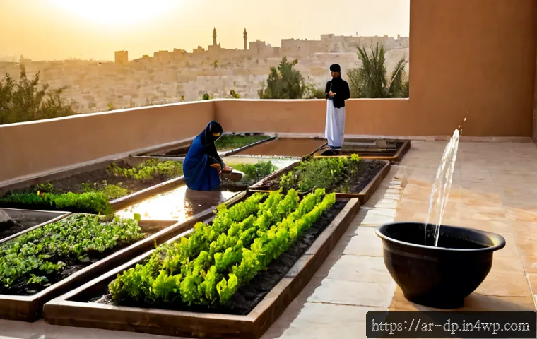 생태 지혜와 물 절약 전략 - Photorealistic rooftop garden in a contemporary Arab home at sunrise, an Arab family carefully colle...
