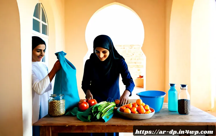지속 가능한 소비를 위한 생태 지혜 - Photorealistic sustainable shopping scene in a bright modern Arab home kitchen, an Arab family with ...